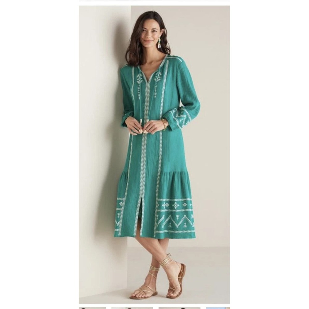Soft Surroundings Jolie Dress Women Medium Teal Embroidered Cotton Gauze Midi